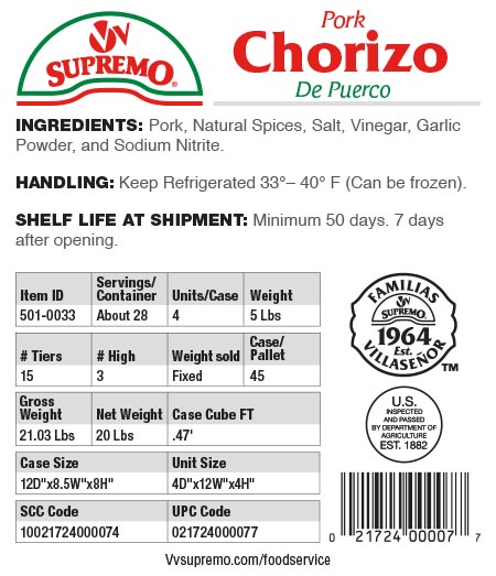 Specs 501 0033 Pork Chorizo Chub 5Lb 2