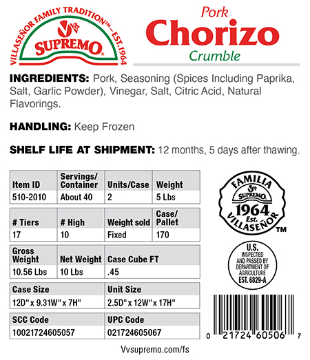 Specs 510 2010 Pork Chorizo Crumble 5Lb 021724605067