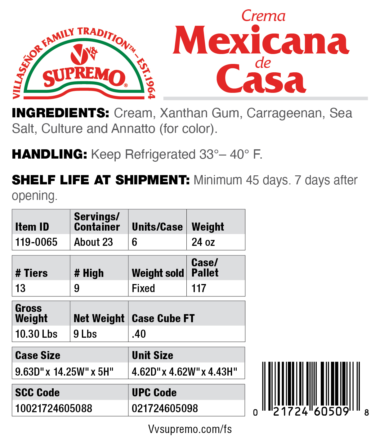 Specs 119 0065 Crema Mexicana de Casa 24oz 021724605098
