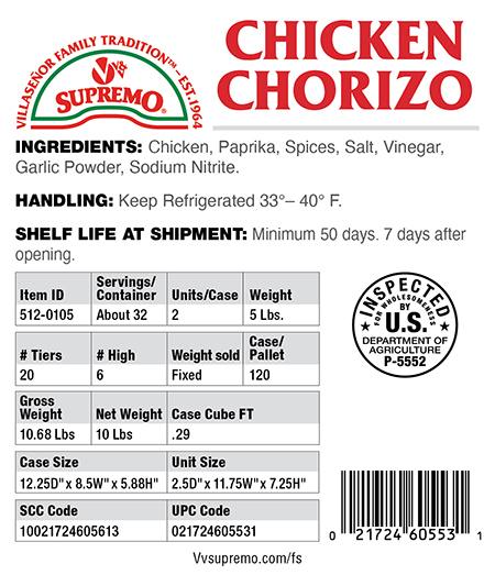 512-0105 Chicken Chorizo 5lb Specs