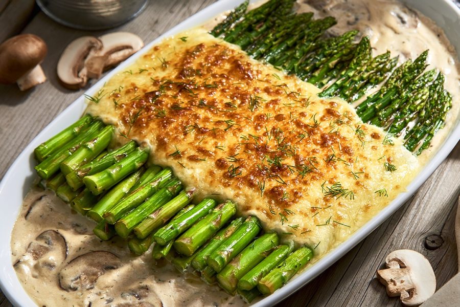 Espárragos y Champiñones Gratinados