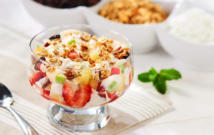 Creamy Fruit Salad bowel placed on table