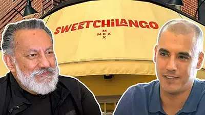 Gilberto Villaseñor II and Julio Cano, a partner at Bien Trucha Group, with an image of Sweetchilango in the background.